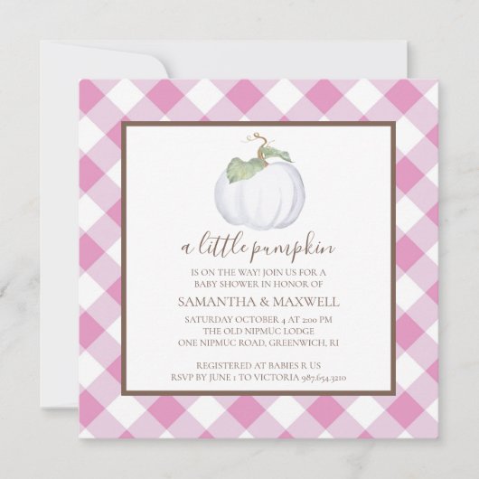 Invitation Citrouille blanc rustique et Baby shower En vichy (Devant)