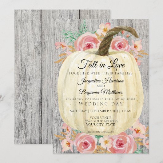 Invitation Citrouille blanche florale aquarelle rustique sur (Devant / Derrière)