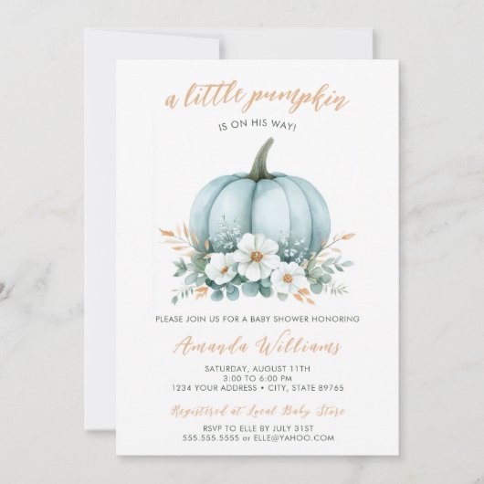 Invitation Citrouille bleu automne Baby shower d'Eucalyptus F (Devant)