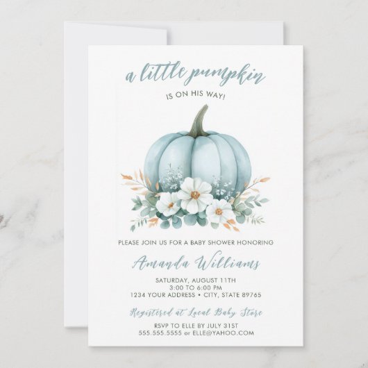 Invitation Citrouille bleu automne Baby shower d'Eucalyptus F (Devant)
