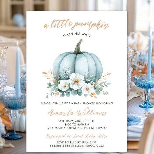 Invitation Citrouille bleu automne Baby shower d'Eucalyptus F