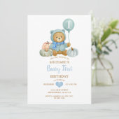 Invitation Citrouille Bleu Automne Beary Premier anniversaire (Debout devant)