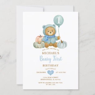 Invitation Citrouille Bleu Automne Beary Premier anniversaire