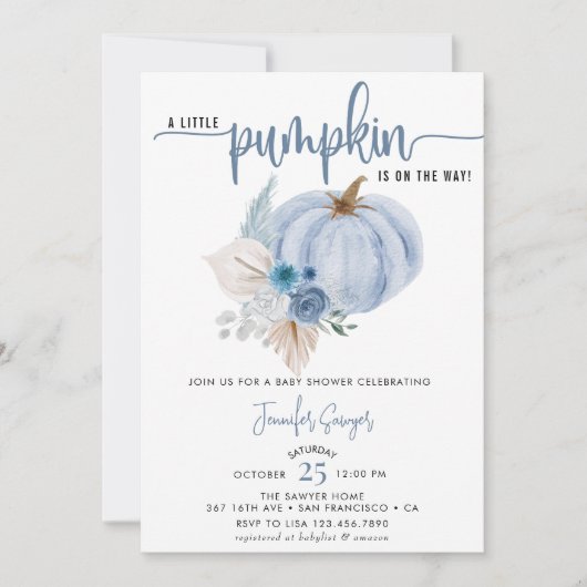 Invitation Citrouille bleu | Baby shower d'automne (Devant)