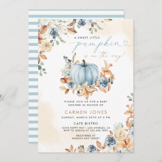 Invitation Citrouille bleu Baby shower d'automne genre neutre (Devant / Derrière)