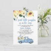 Invitation Citrouille bleu Baby shower Sunflowers (Debout devant)