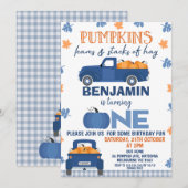 Invitation Citrouille bleu Citrouille de camion Feuilles Hay (Devant / Derrière)