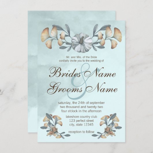 Invitation Citrouille bleu d'automne et Mariage Ginkgo (Devant / Derrière)