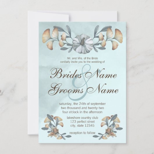 Invitation Citrouille bleu d'automne et Mariage Ginkgo (Devant)