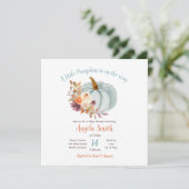 Invitation Citrouille bleu doux Baby shower floral rustique (Debout devant)