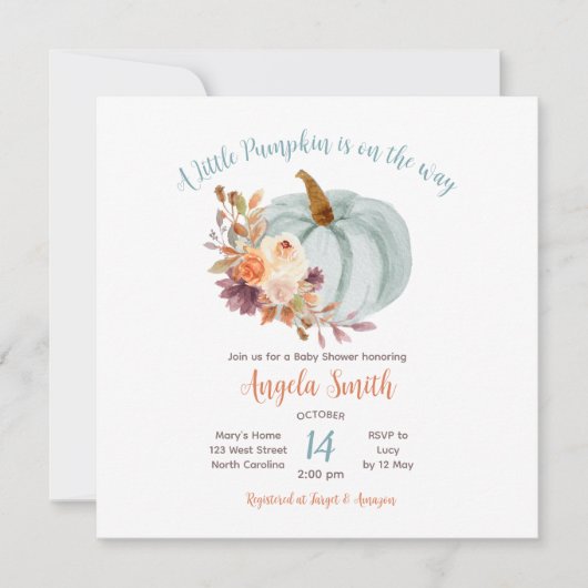 Invitation Citrouille bleu doux Baby shower floral rustique (Devant)