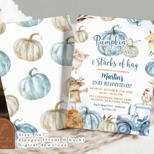 Invitation Citrouille bleu Feuilles et piles de Hay Anniversa