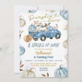 Invitation Citrouille bleu Feuilles et piles de Hay Anniversa (Devant)