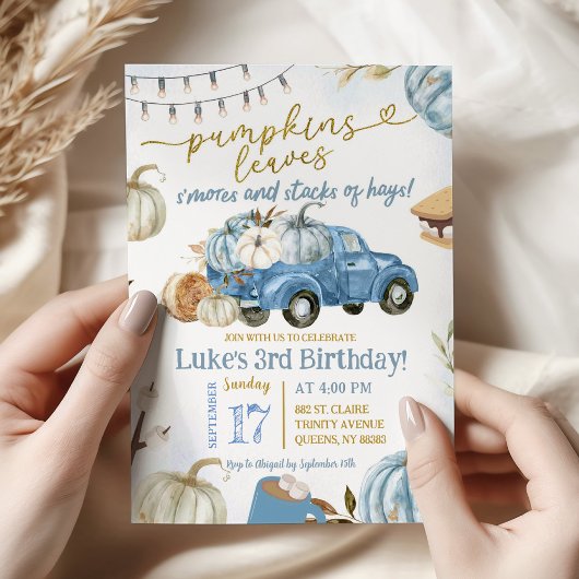Invitation Citrouille bleu Feuilles et S'more Fall Birthday B