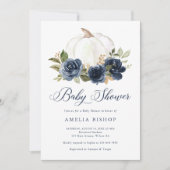 Invitation Citrouille bleu Floral  Baby shower feuille or (Devant)