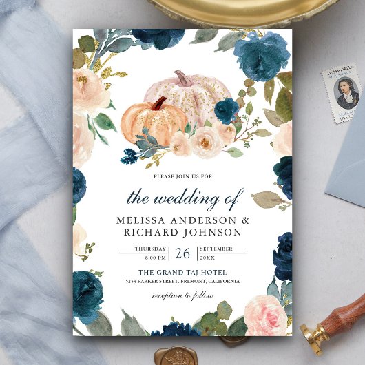 Invitation Citrouille bleu marine et pêche Floral Mariage