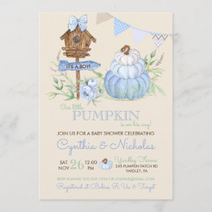 Invitation Citrouille bleu Patch Birdhouse Baby shower garçon