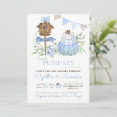 Invitation Citrouille bleu Patch Birdhouse Baby shower garçon (Debout devant)