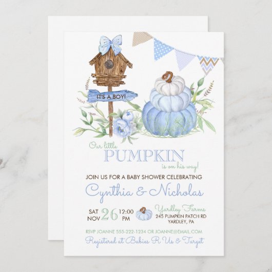 Invitation Citrouille bleu Patch Birdhouse Baby shower garçon (Devant / Derrière)