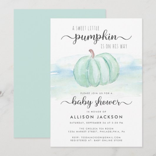 Invitation Citrouille Blue Mint Aquarelle Baby Boy Show (Devant / Derrière)