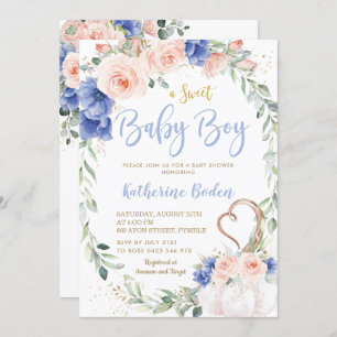 Invitation Citrouille Blush Blue Floral Wreath Baby shower ga