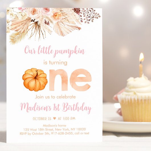 Invitation Citrouille Boho Floral Premier anniversaire