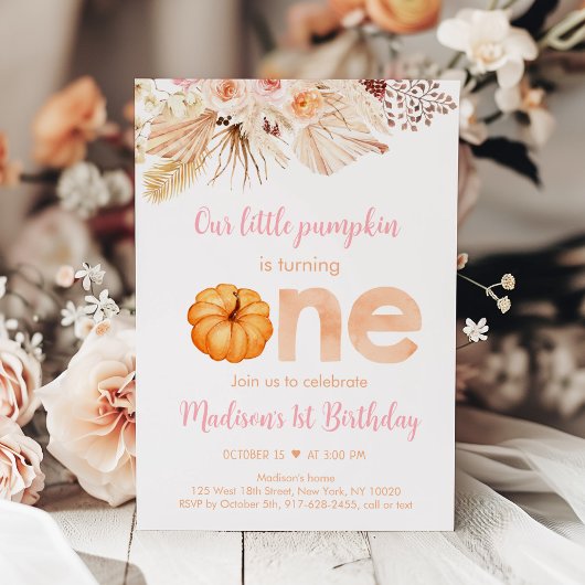 Invitation Citrouille Boho Floral Premier anniversaire