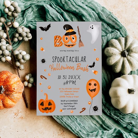 Invitation Citrouille Boo Halloween bash gris