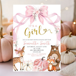 Invitation Citrouille Bow rose Baby shower d'animaux de bois