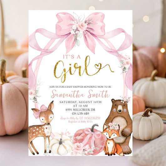 Invitation Citrouille Bow rose Baby shower d'animaux de bois