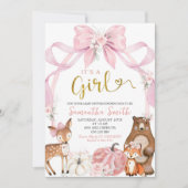 Invitation Citrouille Bow rose Baby shower d'animaux de bois (Devant)