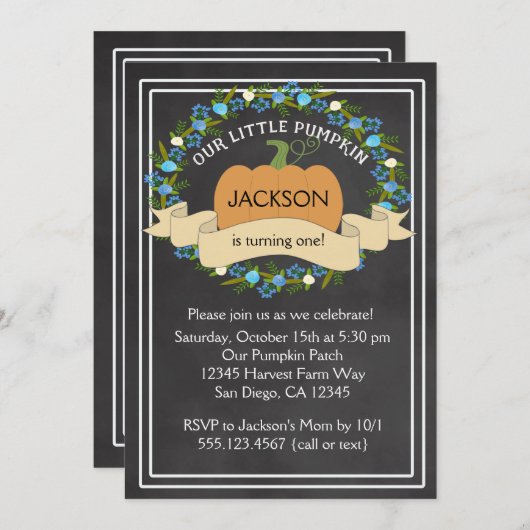 Invitation Citrouille Boy Anniversaire Fête Chalkboard Invita (Devant / Derrière)