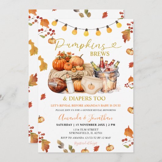 Invitation Citrouille Brews Diapers Fall Leaves Gender Reveve (Devant / Derrière)