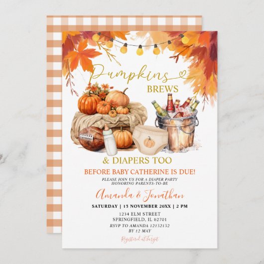 Invitation Citrouille Brews Diapers Rustique Feuille Genre Re (Devant / Derrière)