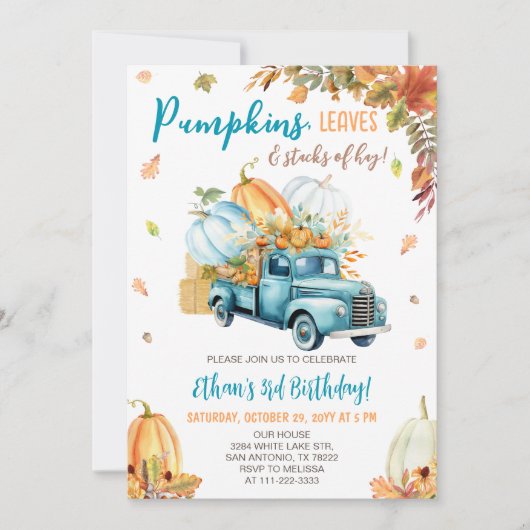 Invitation Citrouille Camion Automne Garçon fête d'anniversai (Devant)