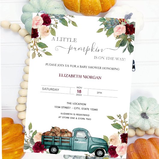 Invitation Citrouille Camion Bourgogne Baby shower Rose