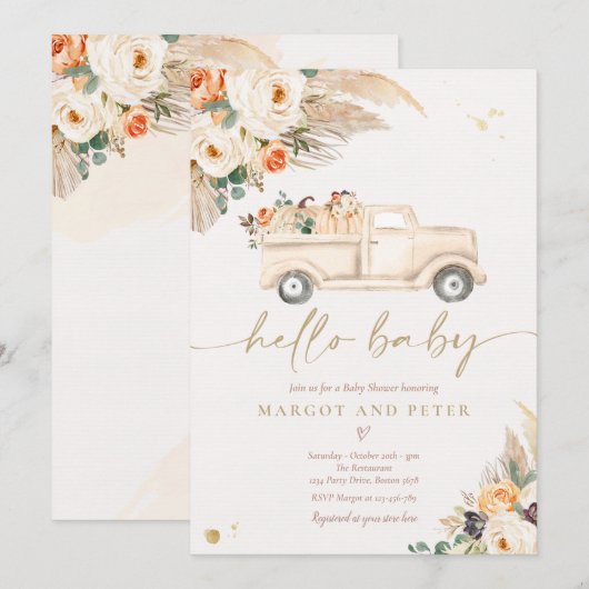 Invitation Citrouille Camion de ramassage Baby shower neutre (Devant / Derrière)