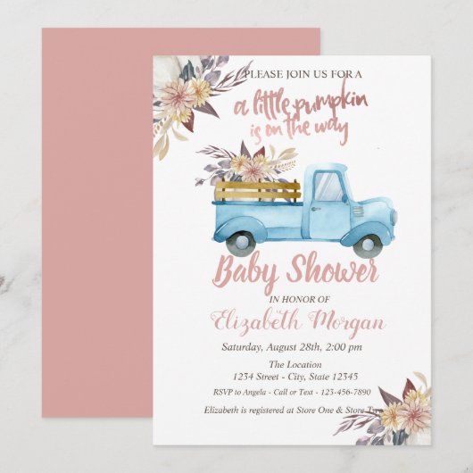 Invitation Citrouille Camion Floral Rose Baby shower or (Devant / Derrière)