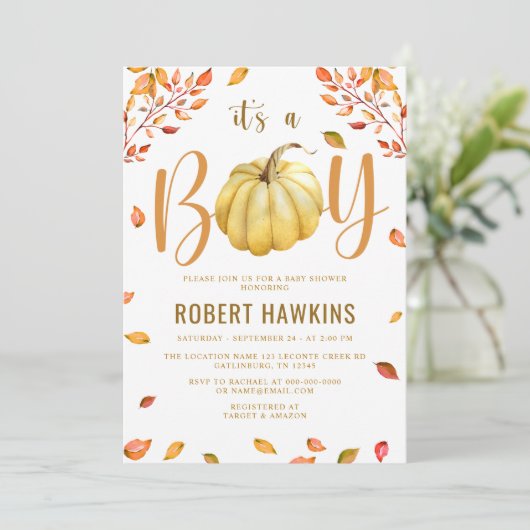 Invitation Citrouille C'est un Baby shower garçon (Debout devant)