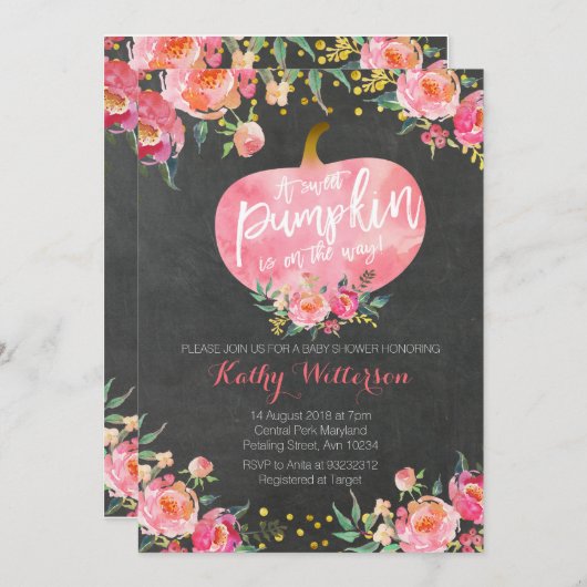 Invitation Citrouille Chalkboard Pink Fall (Devant / Derrière)