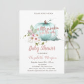 Invitation Citrouille chic, Fleurs Rose Baby shower or (Debout devant)