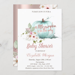 Invitation Citrouille chic, Fleurs Rose Baby shower or