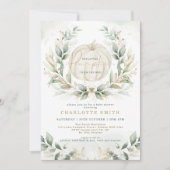 Invitation Citrouille chic vert Gold Fall Wreath Baby shower (Devant)