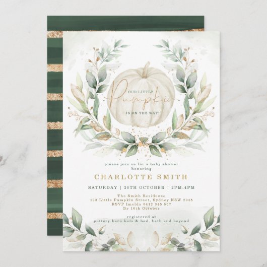 Invitation Citrouille chic vert Gold Fall Wreath Baby shower (Devant / Derrière)