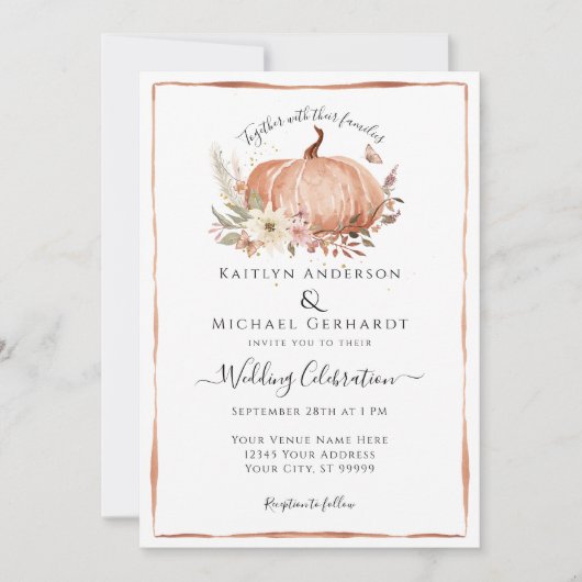 Invitation Citrouille Chute Folial Aquarelle Florale Mariage (Devant)