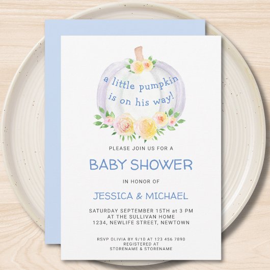 Invitation Citrouille Couples Boys Baby shower bleu