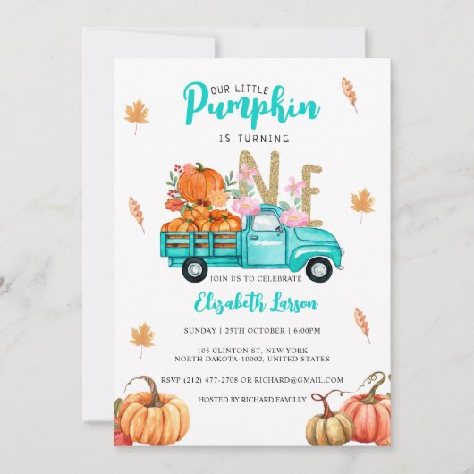 Invitation Citrouille d'anniversaire Paillettes dorées Thème  (Devant)