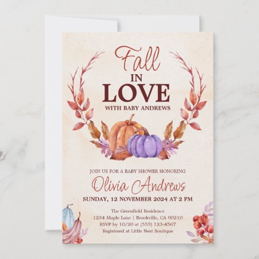 Invitation Citrouille d'aquarelle Floral Chute en Baby shower (Devant)