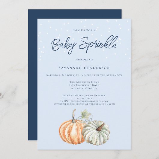 Invitation Citrouille d'automne Baby shower Blue Sprinkl Invi (Devant / Derrière)