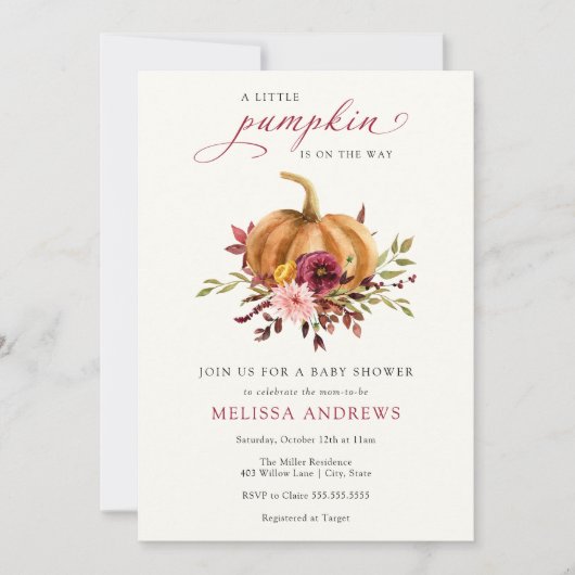 Invitation Citrouille d'automne Bourgogne Baby shower de feui (Devant)